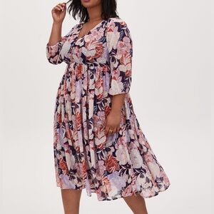 Torrid Floral Blue Swiss Dot Tea Length Dress Size 1